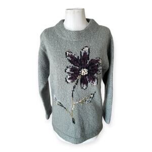 Garnet Hill Chunky Green Mohair Wool Hand Knit Sweater Floral Women's Small Cozy